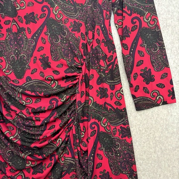 Lauren Ralph Lauren Midi Dress Red Ruched Sz Plus 16 Stretch Long Slv Paisley - Picture 4 of 7